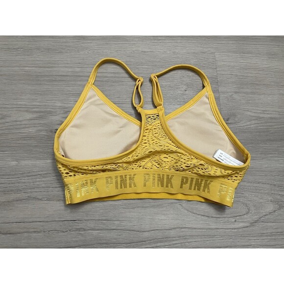 PINK Victotria’s Secret  Sports Bra Lightly Lined Lace Mesh Lounge small yellow - Picture 3 of 5